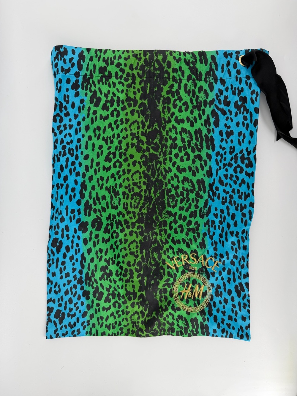 Versace for H&M 2011 Dust Bag Drawstring Pouch Blue Green Leopard Print Rare